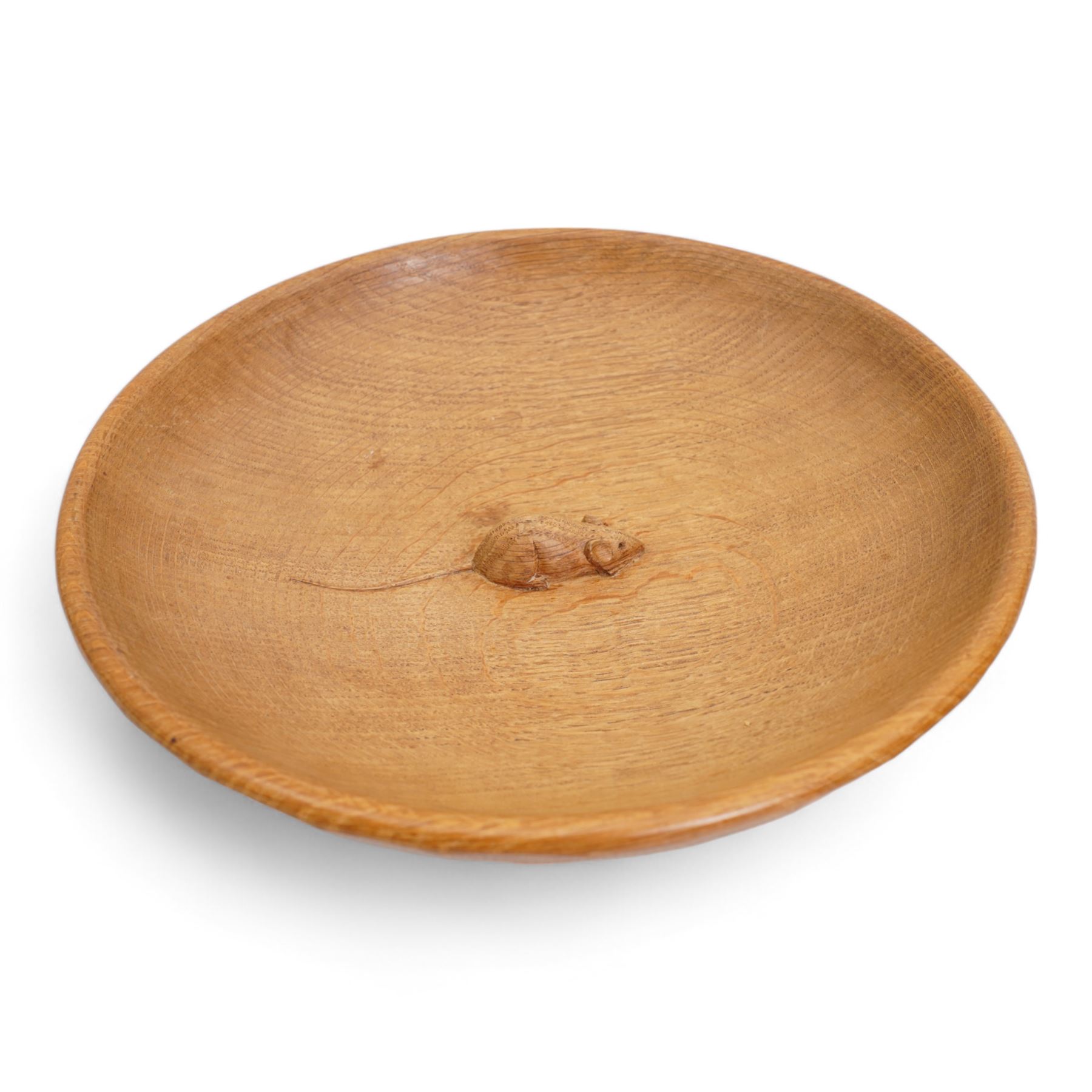 Mouseman - circular tooled oak fruit bowl, carved with mouse signature, by the workshop of Robert Thompson, Kilburn, D28.5cm 