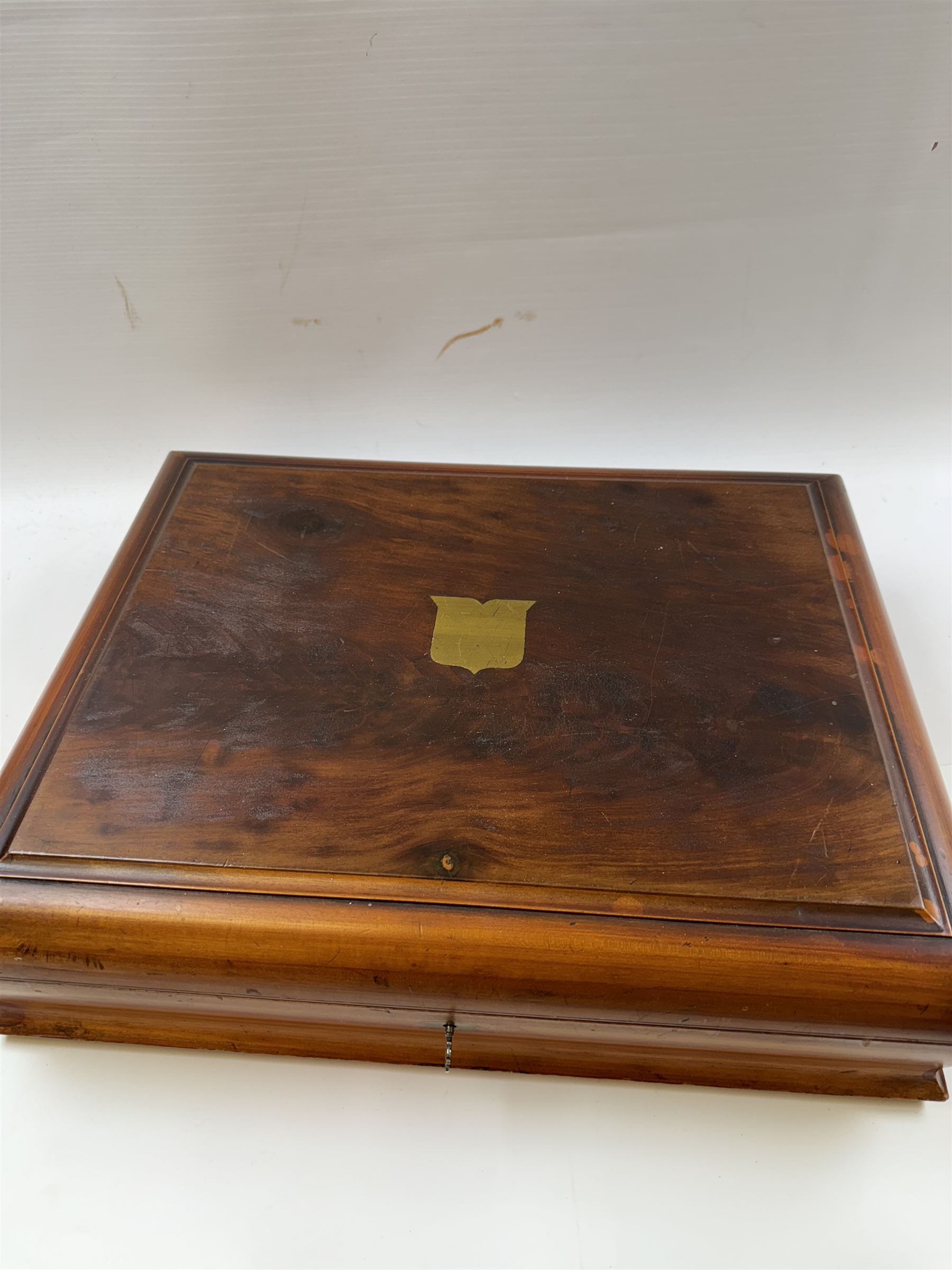 Early 20th century mahogany canteen box, containing selection of matched silver plated cutlery