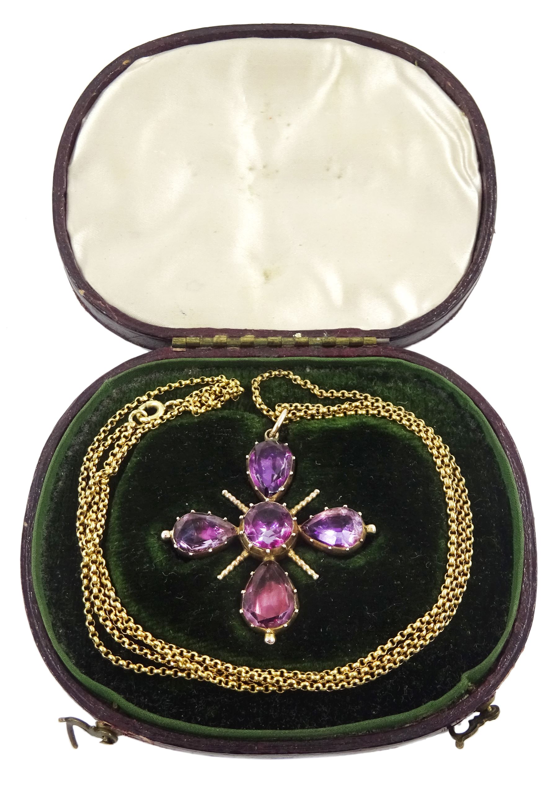 19th century gold foiled back amethyst pendant, on gold double link chain necklace, in fitted velvet and silk lined box