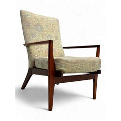 Parker Knoll - mid-20th century teak armchair, angular frame with shaped arms, upholstered...