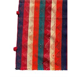 South West Persian Jajim Kilim ground rug, the field with alternating vertical stripes with lightly woven diamond-shaped motifs running through the pattern, the edges with small decorative tufts