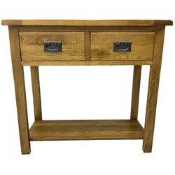 Light oak console table, rectangular top over two drawers, on rectangular supports united by under-tier