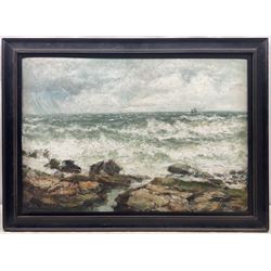 John Falconar Slater (British 1857-1937): Waves Breaking with a Steamer in the Distance, mixed media signed 54cm x 79cm