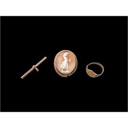 9ct gold jewellery, comprising cameo brooch, t-bar and split signet ring