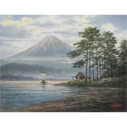 Emiko Satsuta (Japanese early 20th century): Boat beneath Mount Fuji, watercolour signed 22cm x 29cm