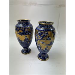 Pair of Foley blue and gilt Chinoiserie pattern vases, H17cm