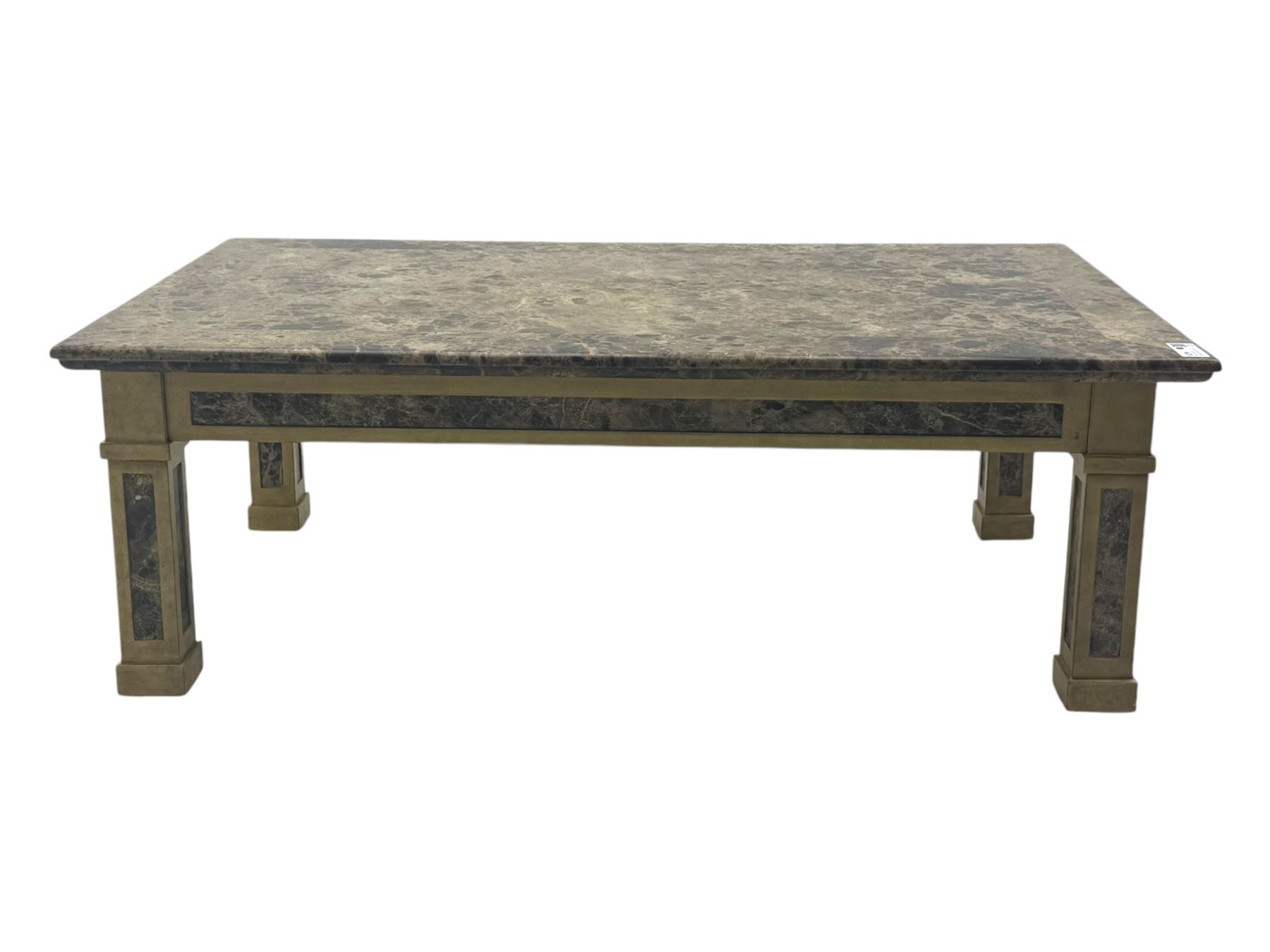 Rectangular coffee table, variegated marble top, on square supports with block feet 