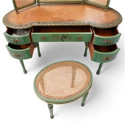 Edwardian Adam Revival green-painted and parcel gilt kidney-shaped dressing table, raised triple mirror back with shaped cresting, leather inset top within a trailing floral painted band and foliate carved edge, fitted with five drawers decorated with urn and floral bouquets, on turned supports painted with acanthus leaves and draped festoons; together with matching stool with cane seat 