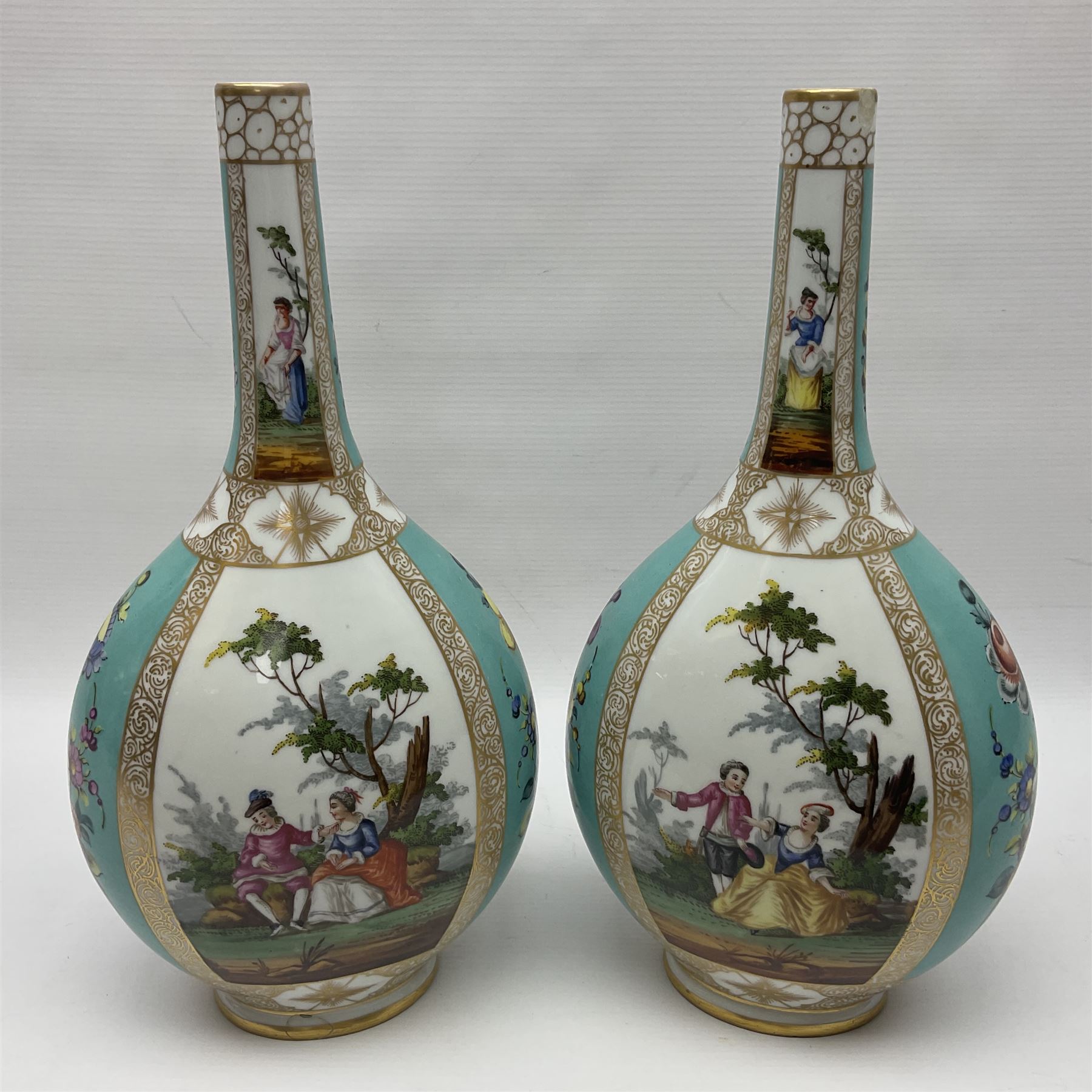 Pair of late 19th century Helena Wolfsohn vases and covers, each of compressed bottle form with tall neck, painted with alternating panels of romantic scenes and floral sprays upon turquoise ground between gilt borders, with Augustus Rex mark to base, H35cm