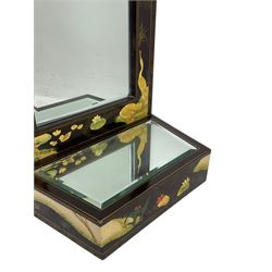 Chinoiserie design wall hanging mirror with shelf, the rectangular frame with raised decoration depicting birds and landscapes, fitted with bevelled glass 