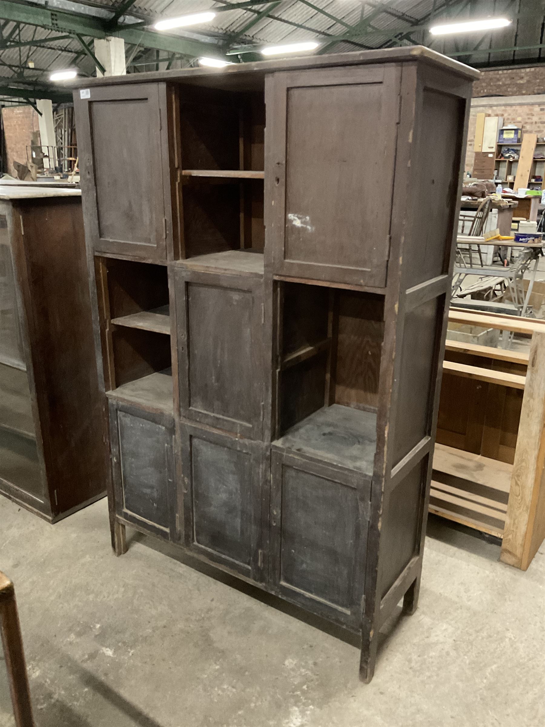 20th century painted pitch pine multi-door cupboard, fitted with six panelled hutch doors and three open shelves - THIS LOT IS TO BE COLLECTED BY APPOINTMENT FROM THE OLD BUFFER DEPOT, MELBOURNE PLACE, SOWERBY, THIRSK, YO7 1QY