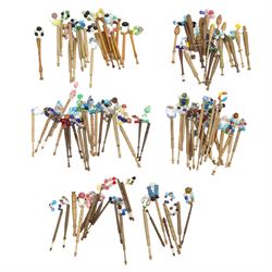 Collection of turned wooden lace maker's bobbins, including 19th century and later examples, mostly with glass spangles and turned shafts (100 approx)