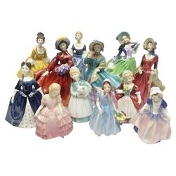 Twelve Royal Doulton figures, to include Sabbath Morn HN1945, Autumn Breezes HN1913, Lilac Time HN2137, Hilary HN2335 etc 