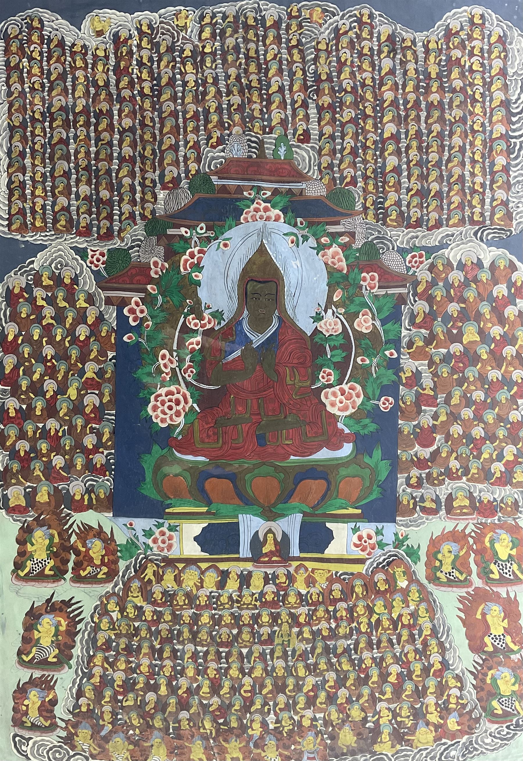 Tibetan School (Early 20th Century): Portrait of Buddha, mixed media on canvas 90cm x 64cm 