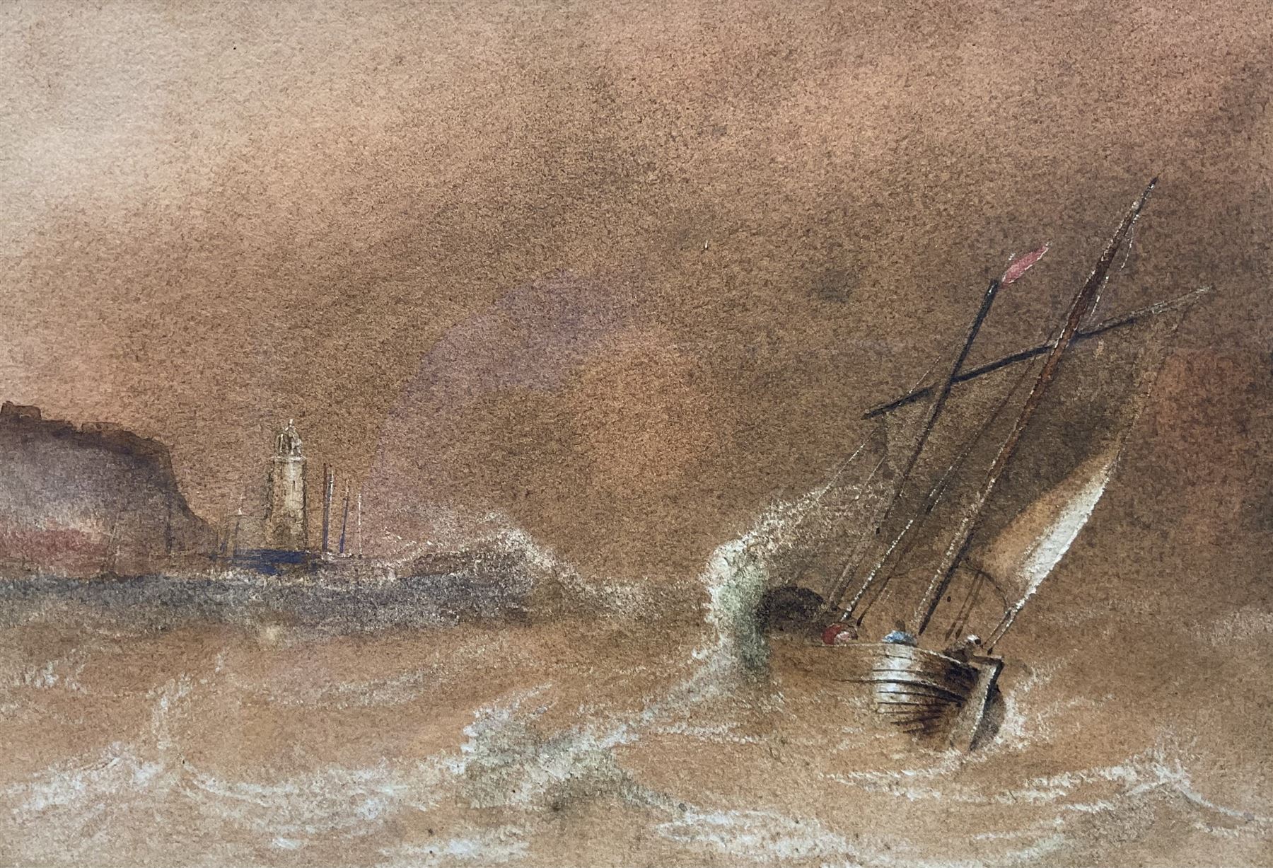 Henry Barlow Carter (British 1804-1868): Fishing Boat Leaving Scarborough, watercolour with scratching out unsigned 14cm x 20cm 