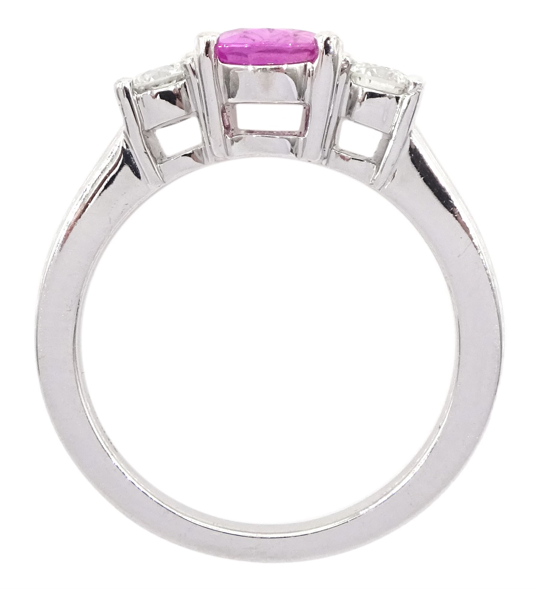 18ct white gold three stone oval cut pink sapphire and round brilliant cut diamond ring, hallmarked, sapphire 1.50 carat, with World Gemological Institute report