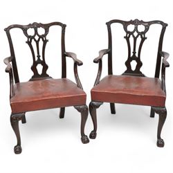 Early 20th century pair of Chippendale design mahogany elbow chairs, shaped cresting rail carved with foliate cartouches and scrolled leaves, pierced and interlaced Gothic splat, shaped arms with scroll carved terminals, leather upholstered seat with stud band, cartouche carved cabriole supports with ball and claw feet 