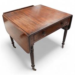 19th century mahogany centre table, moulded drop-leaf top with rounded corners and rosewood band, fitted with single cock-beaded drawers and opposing false drawer, on rope twist supports with brass cups and castors 