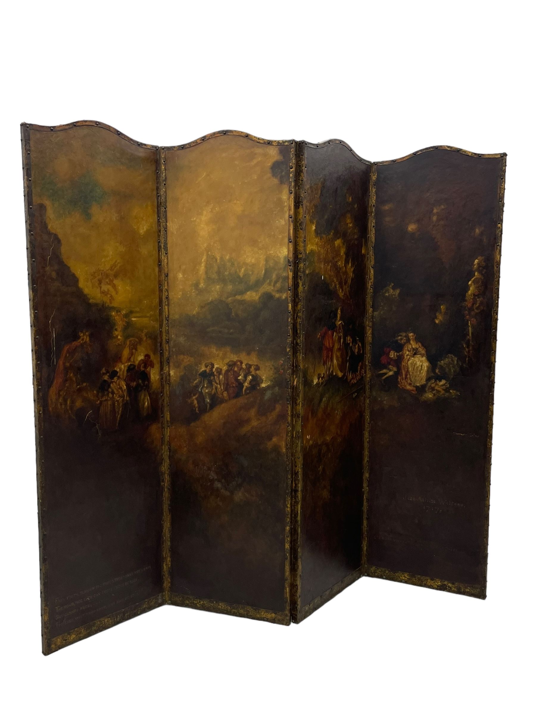 19th century four panel folding room screen, each leather panel painted with scenes from 'The Embarkation for Cythera' after Jean-Antoine Watteau (French 1684-1721), depicting a fête galante celebration with amorous couples and Cupids, with them a gilt statue of Venus, set within a classical capriccio landscape on the Greek island of Cythera, inscribed and titled verso with a verse from 'Ode on a Grecian Urn' by John Keats