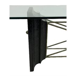 Tempus Stet - 'The Corinth Architectural' dining table, rectangular glass top on moulded composite end supports inset with bronzed metal panels, united by metal stretchers 