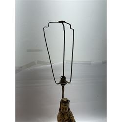 Carved soapstone lamp modelled as Guan Yin, upon hardwood base, with pink fabric shade, including shade H77.5cm