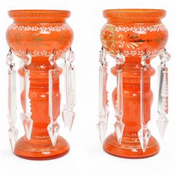 Victorian orange glass and enamelled lustre vases H23.5cm (2) 