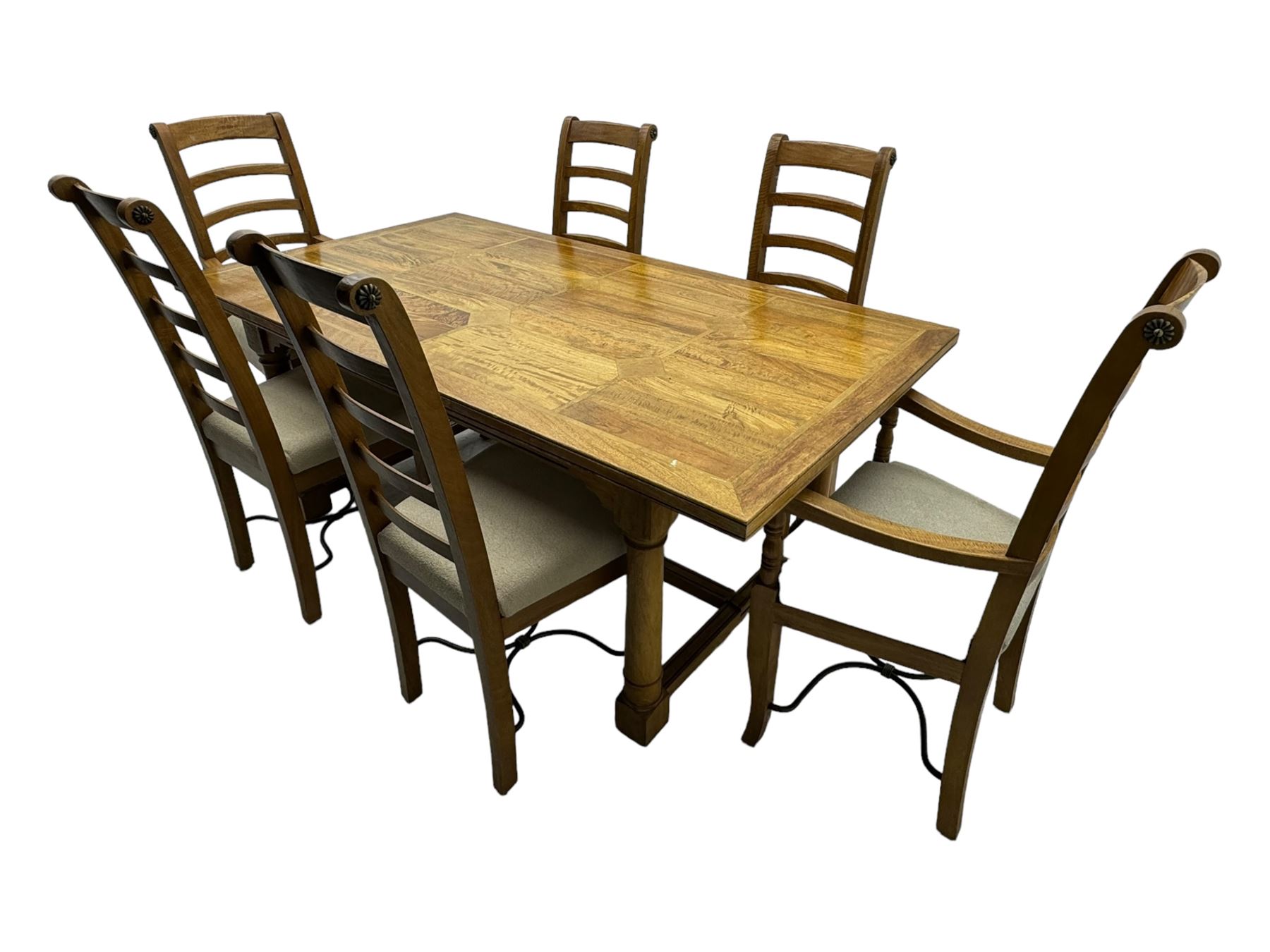 Barker & Stonehouse 'Flagstone' range mango wood dining table, fluted rectangular top with marquetry inlay, raised on turned supports connected by fluted H-stretcher; six (4+2) slatted-back chairs with beige upholstered seats H112cm 