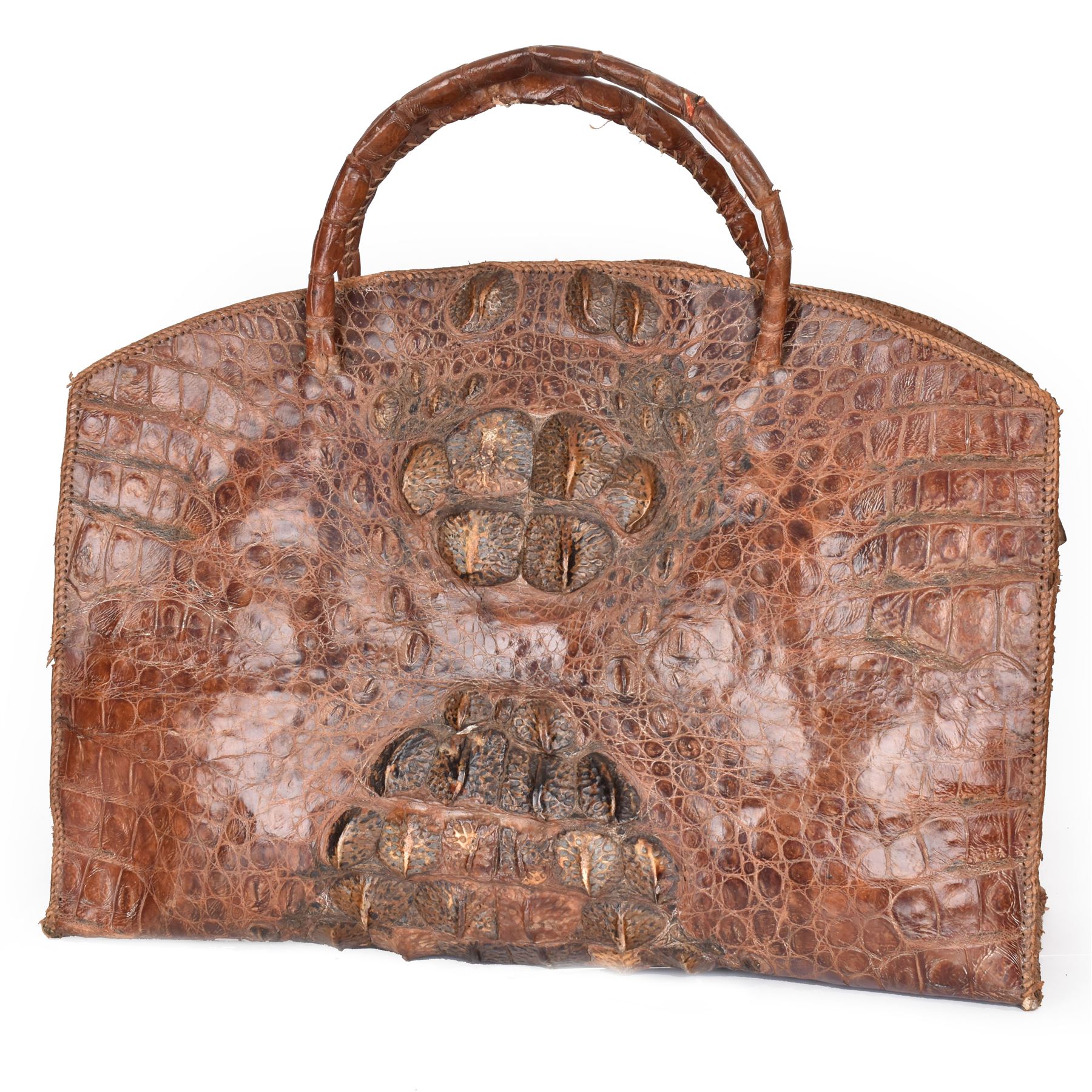 Large twin handled crocodile skin bag, with zippable compartment, H39cm 