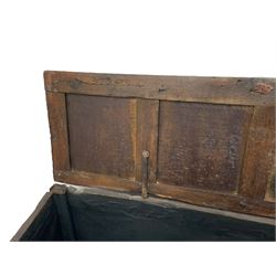 17th century panelled oak blanket chest or kist, quadruple panelled hinged lid over quadruple panelled front, moulded frame and pegged construction, on stile supports