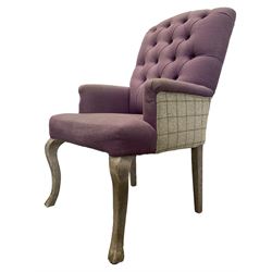 Voyage - four high back armchairs upholstered in buttoned lilac and tweed fabric, painted cabriole legs