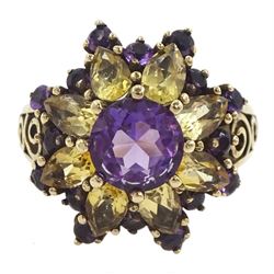 9ct gold round cut amethyst and pear cut citrine flower head cluster ring, Birmingham 2002