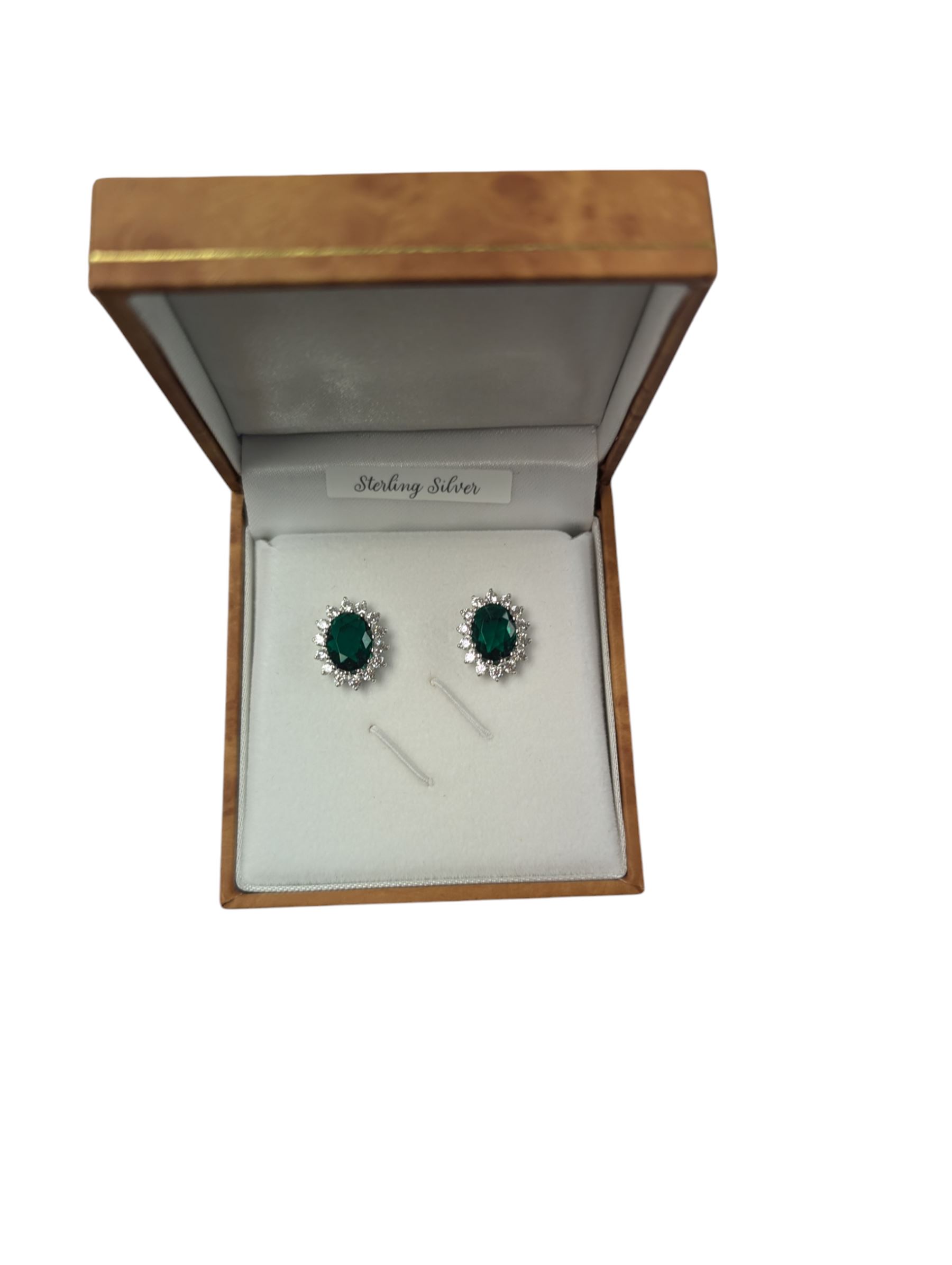 Pair of silver green stone and cubic zirconia cluster stud earrings, boxed 