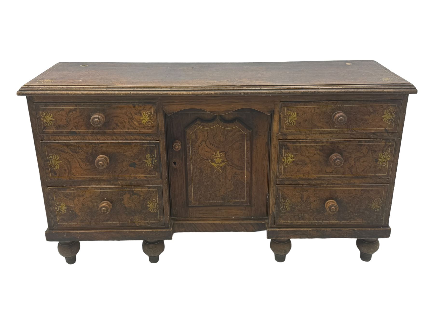 Victorian walnut scumbled pine sideboard, stepped rectangular top over central cupboard with marquetry inlay, flanked by two banks of three drawers fitted with round wooden knobs, raised on turned bun supports