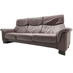 Ekornes Stressless - three-seat sofa upholstered in chocolate brown leather, with high backrests, cushioned headrests, and manual reclining mechanism (L248cm, D84cm, H102cm); with matching two-seat sofa (L184cm, D84cm, H102cm)