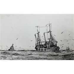 Jack Rigg (British 1927-2023): Shipping Off the Coast, pen and ink sketch signed and dated...