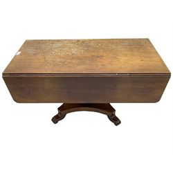 Victorian mahogany supper table, rectangular drop-leaf top with rounded corners, tapered octagonal column on concaved rectangular platform with splayed shaped feet