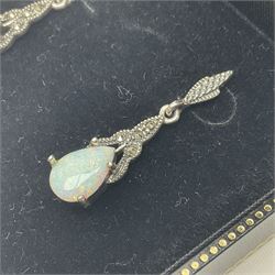 Pair of silver opal and marcasite pendant earrings, stamped 925, boxed 