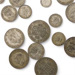 Approximately 400 grams of Great British pre 1947 silver coins, including shillings, halfcrowns, King George V 1935 crown etc