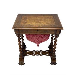 Victorian pollard oak and walnut sewing or work box, moulded rectangular hinged top with wide walnut band inlaid with satinwood panels with extending scrolled decoration, rosewood interior fitted with lidded compartments, sunken storage well and pin cushions, fretwork lids with bone handles, quadruple spiral turned pillar supports on raised rectangular platforms, united by flat fretwork stretcher, on scroll carved feet with castors