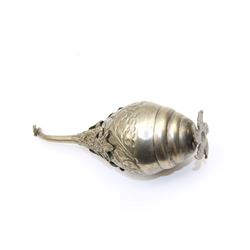 Egyptian white metal rosewater sprinkler, the pear shaped body embossed with flowers, the screw top with applied rose and bird decoration, upon foliate base, H20cm