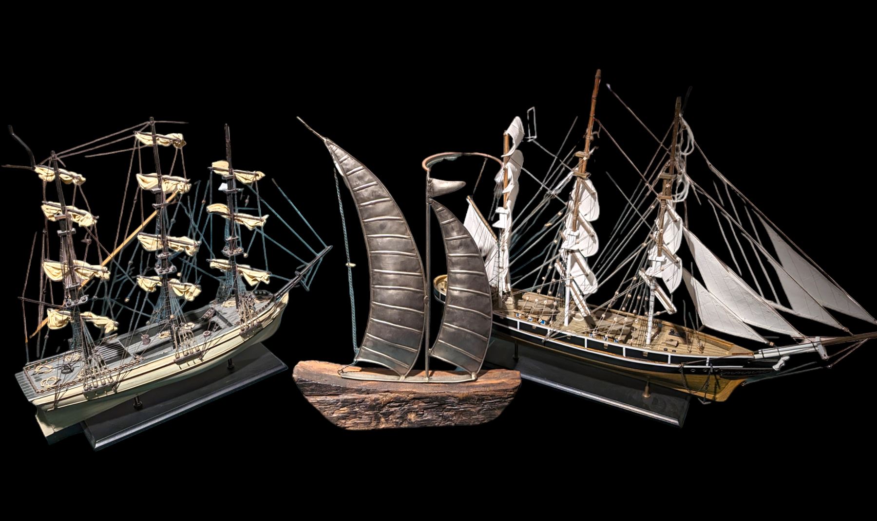 Three ships models, to include Ponsford Cutty Sark example and a driftwood example with tin sails 