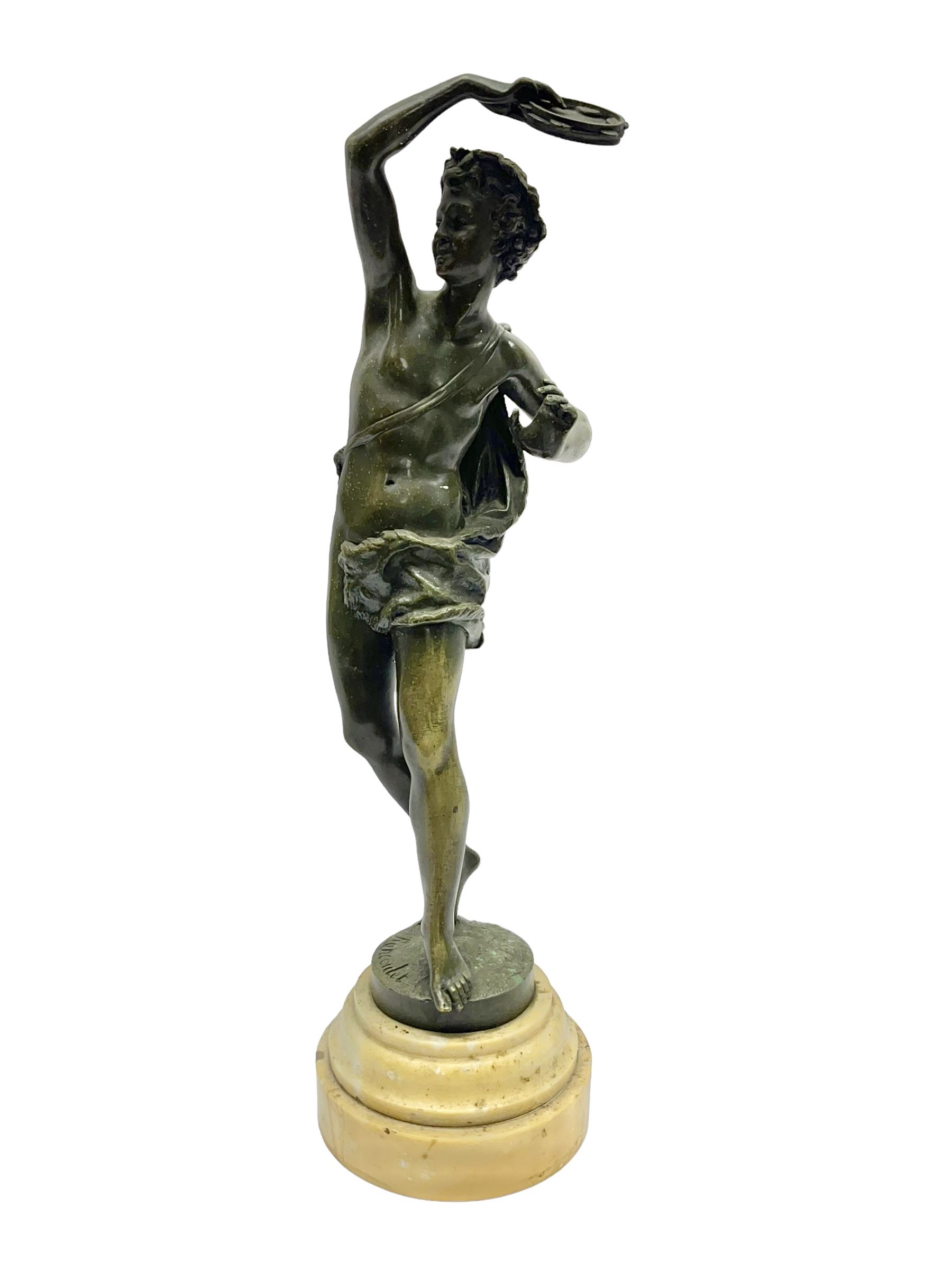 After Ernest Rancoulet, bronzed figure modelled as a man playing the tambourine, upon a stepped circular base, H37cm 