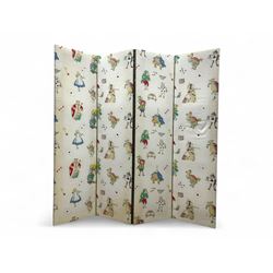 Mid-20th century four-panel folding screen, one side upholstered in fabric depicting Alice...