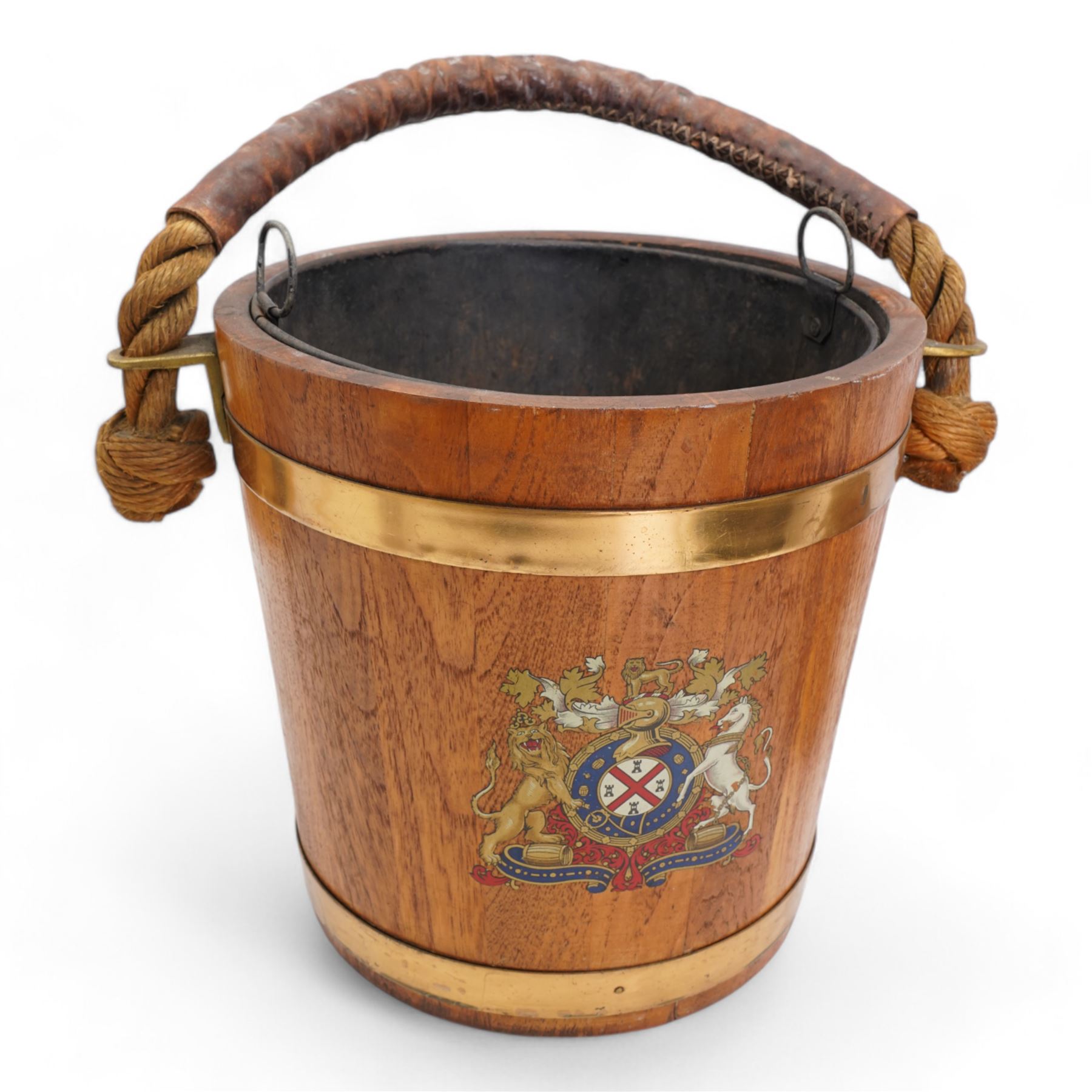 Oak and brass banded fire bucket decorated with the Royal Coat of Arms with liner and rope twist handle H30cm, together with a Dunhill 'The White Spot' faceted mahogany tobacco jar and cover (2)