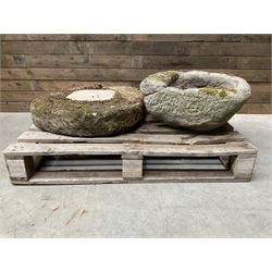 19th century circular stone slab, square stone trough, small cast stone urn, circular lion...