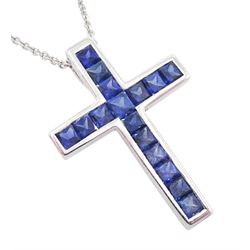 18ct white gold two piece princess cut sapphire and round brilliant cut diamond cross pendant, hallmarked, total sapphire weight approx 1.75 carat, total diamond weight approx 0.50 carat, on silver chain