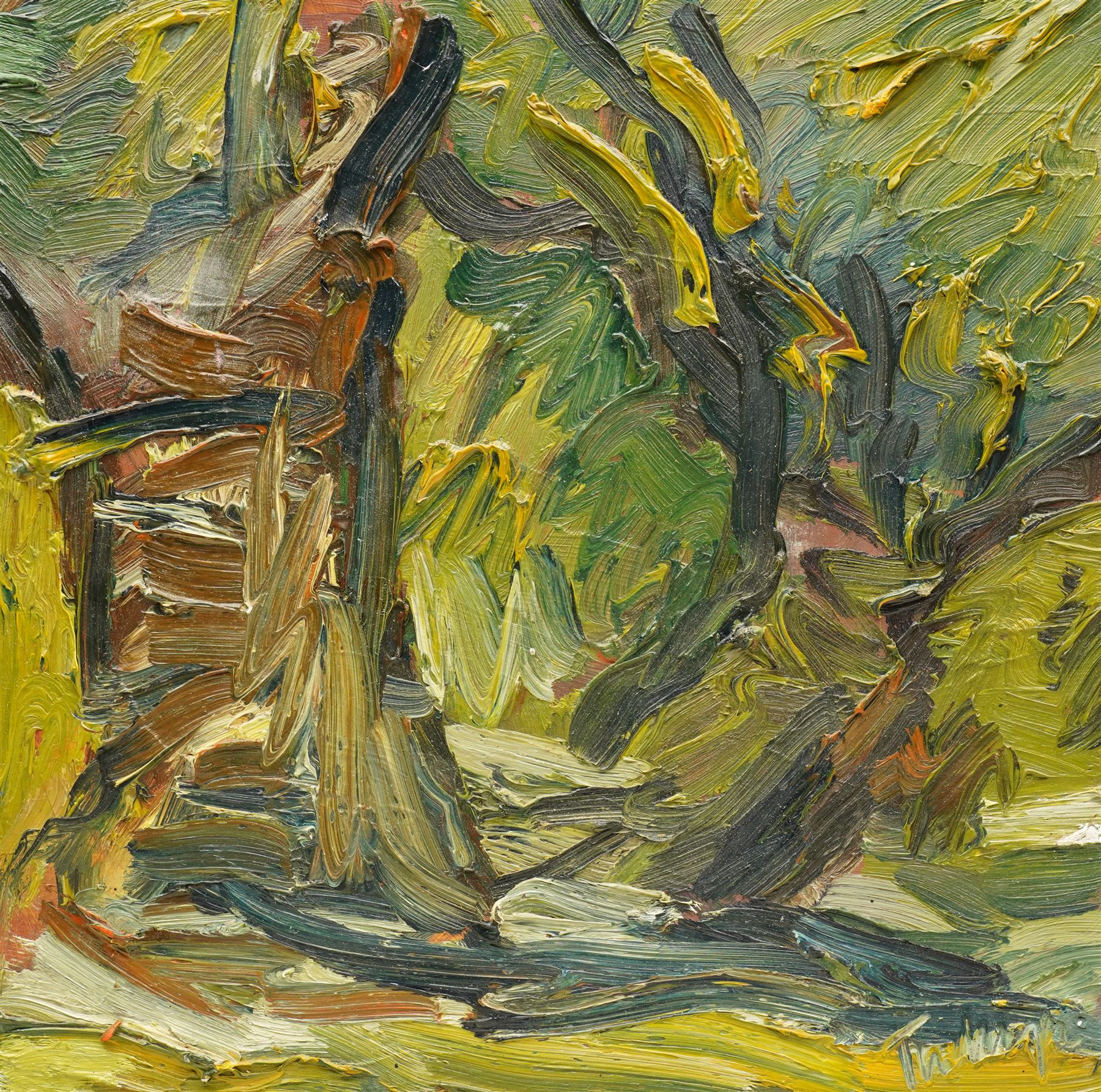 Peter Tudhope (Scottish 1967-): 'Two Trees', oil and impasto signed, inscribed verso 26cm x 27cm