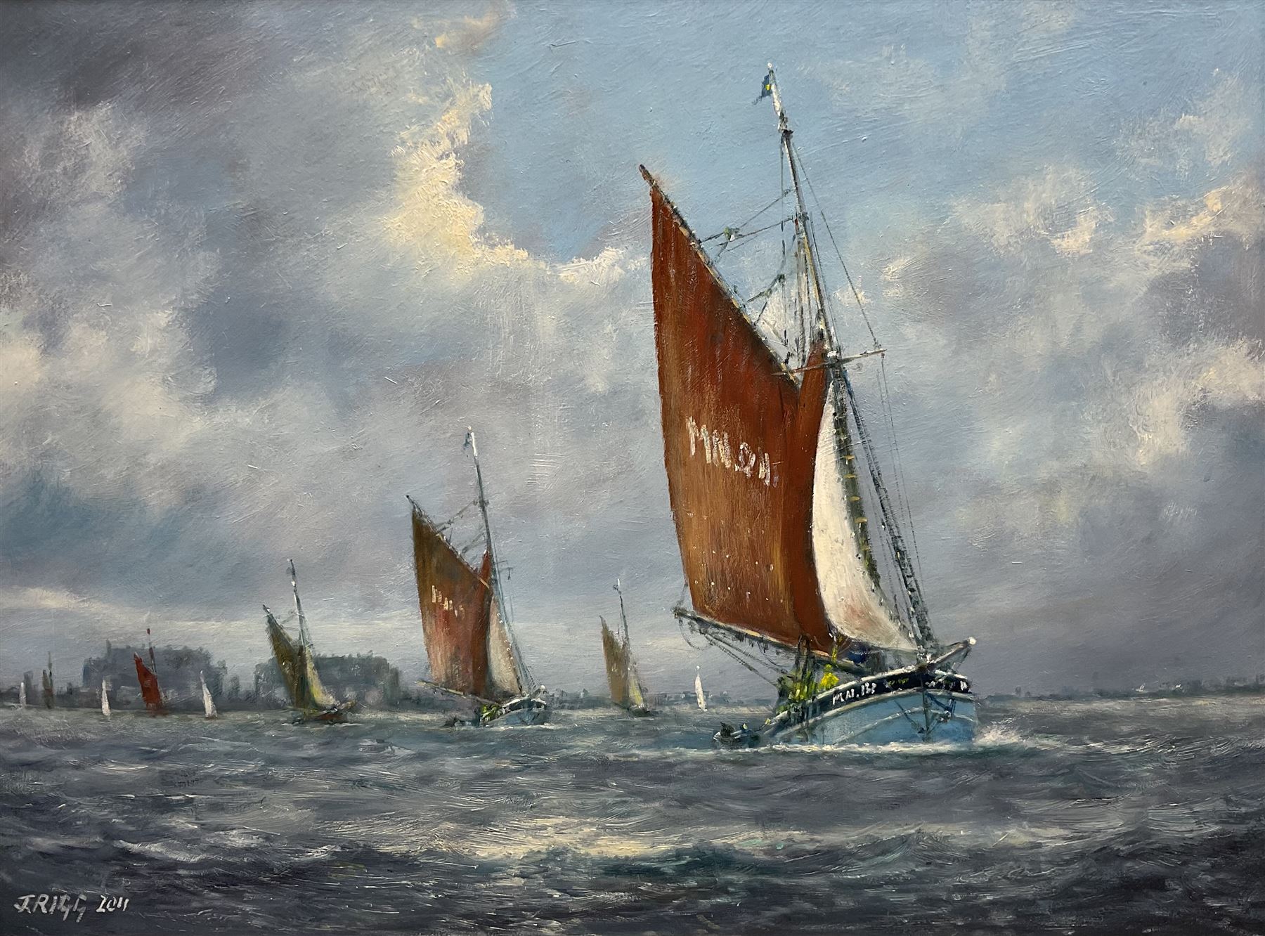 Jack Rigg (British 1927-2023): 'Smacks on the River Blackwater - Old Gaffers Race 1978', oil on board signed and dated 2011, titled and inscribed verso 37cm x 50cm