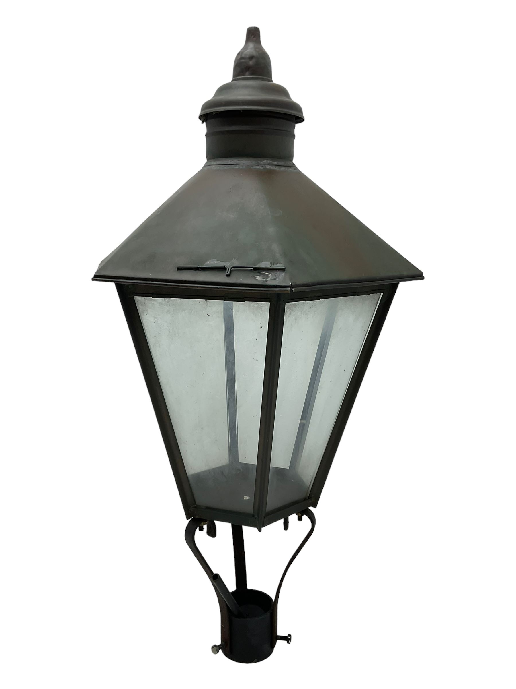 Victorian design six glass lantern, hexagonal tapered from with finial, scrolled lower supports on bracket