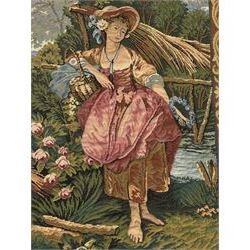 French machine woven tapestry, the scene depicting pastoral life with shepherds and sheep against a backdrop of lush foliage and classical architecture, bordered by a floral and scroll design